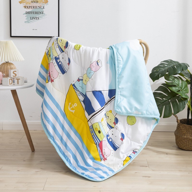 Chăn trẻ em cotton đũi hè thu 2 mặt cho bé mẫu Xe Cẩu, mền đến trường, đắp văn phòng 1mx1m4 siêu mềm, mát