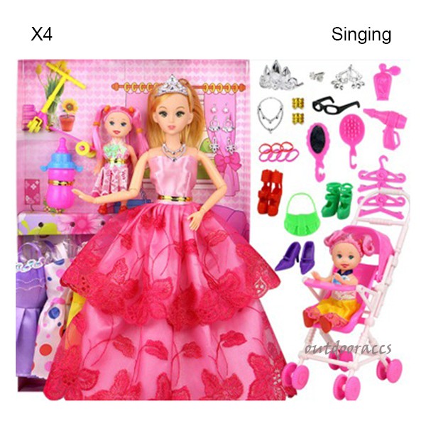 58PCS Barbie Doll Set with 6 Dress and 1 Baby Doll Cloth-replaceable Princess Play House Jointed Toy Kit for Girl Kids