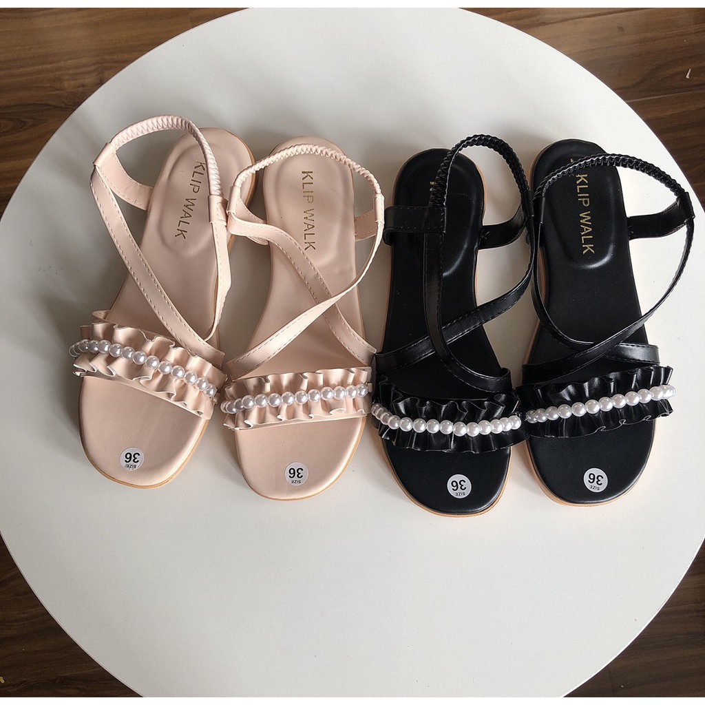 sandal quai ngang bèo nhún nhúm đính ngọc châu đẹp hot trend nữ tính mùa hè đi chơi đi biển đẹp rẻ