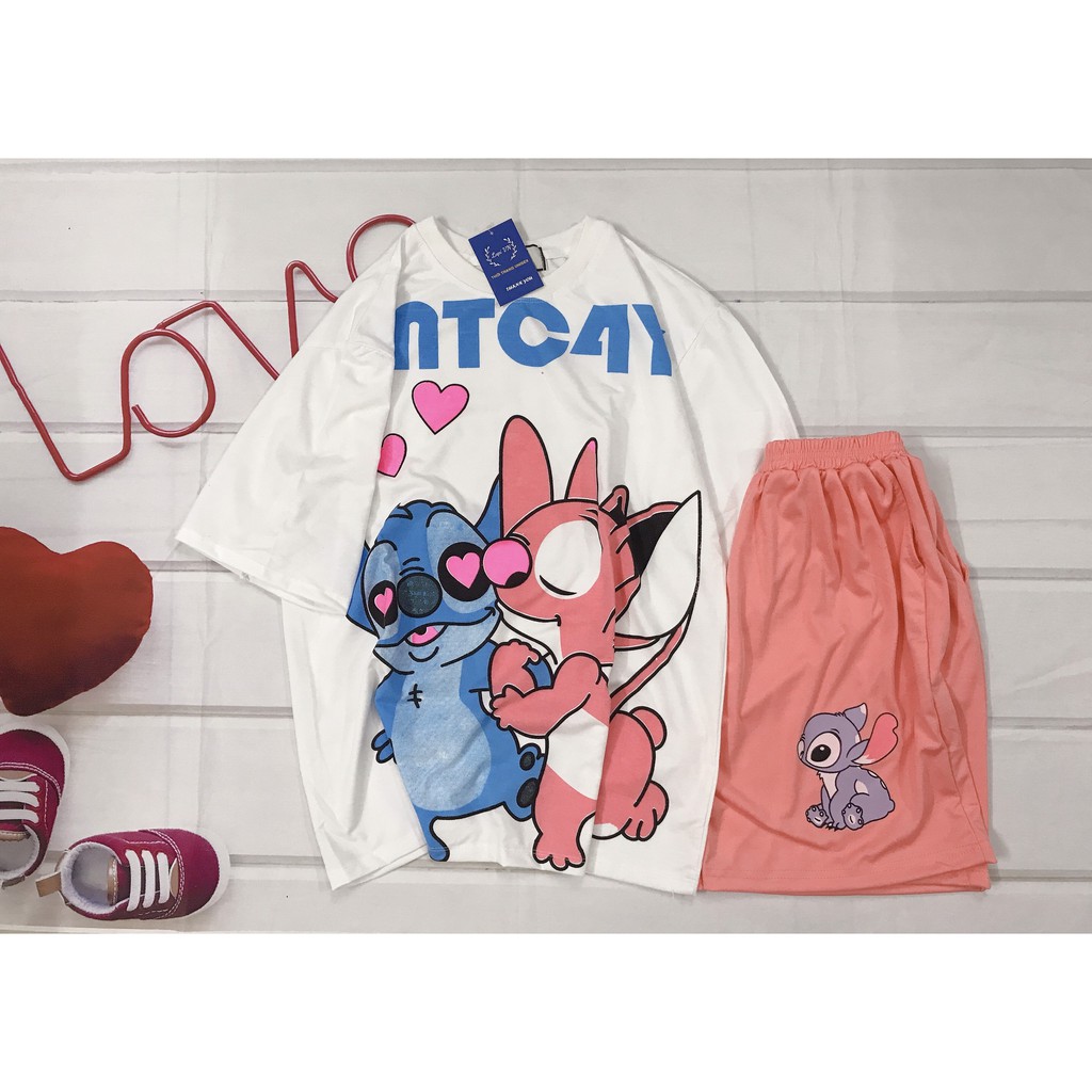 Set Đồ Bộ STITCH - LOVE cartoon 3D Cute DB49-Lapi VN Áo+ Quần Đùi Vải Thun Cotton Thoáng Mát, Freesize Đến 70kg