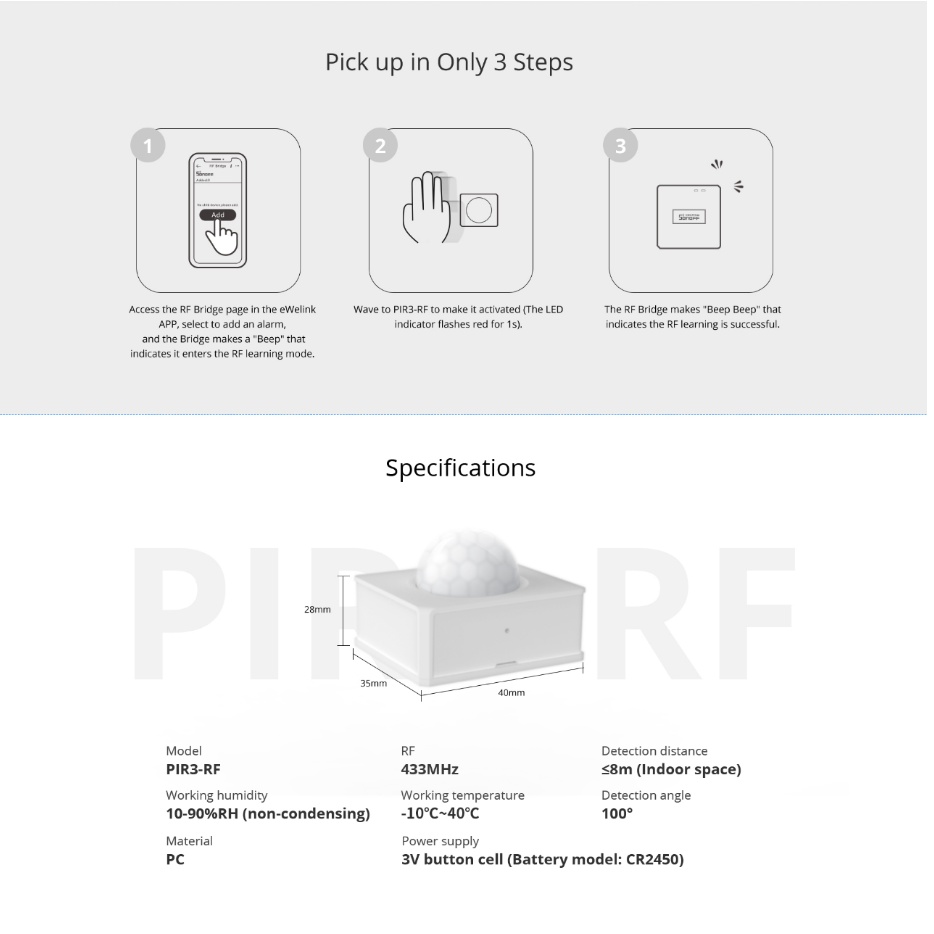 Thiết Bị Cảm Biến Chuyển Động SONOFF PIR3-RF 433MHz RF PIR