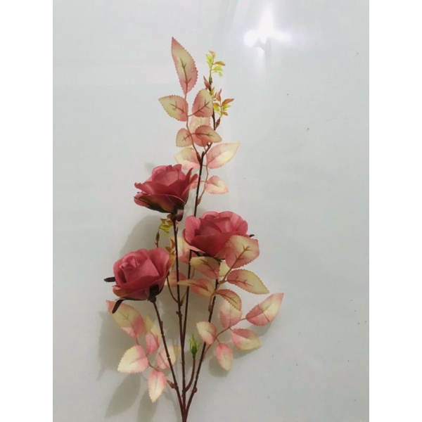 Hoa Giả_ Cành Hồng lụa cao cấp_ 3 bông trang trí nhà cửa