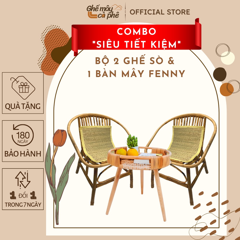 (Combo siêu tiết kiệm) Bộ bàn ghế mây sò tự nhiên phù hợp cho quán cafe / bộ decor gia đình / ban công / Homestay