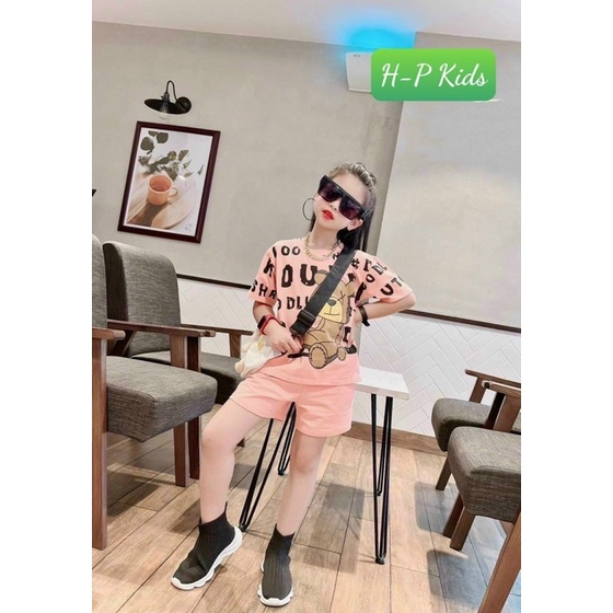 B68 [2-8 tuổi] Bộ cotton bé gái gấu chữ từ 13-28kg