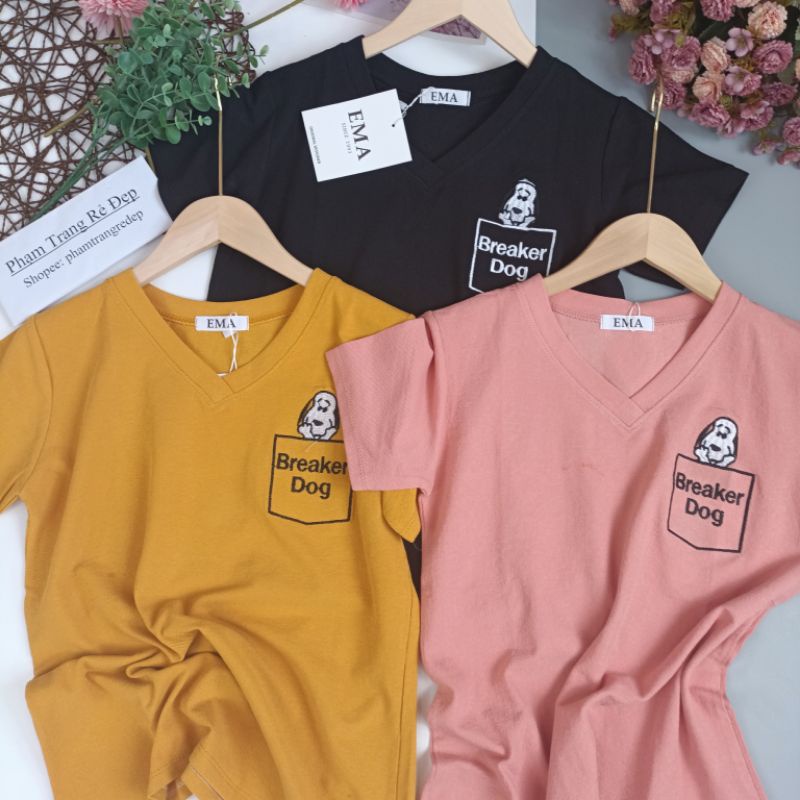 Áo phông in hình cún, Áo thun giấy gạo cổ tim dáng rộng, Chất cotton gạo mịn mát  AT57 - phamtrangredep shop