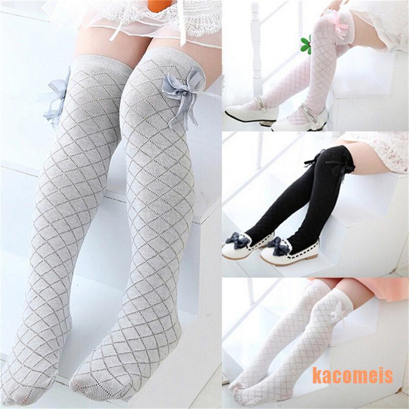 Vớ Cotton Cao Đến Đầu Gối Kẻ Ô Lưới Đính Nơ Cổ Điển Dành Cho Bé Gái Sinh Viên Đi Học