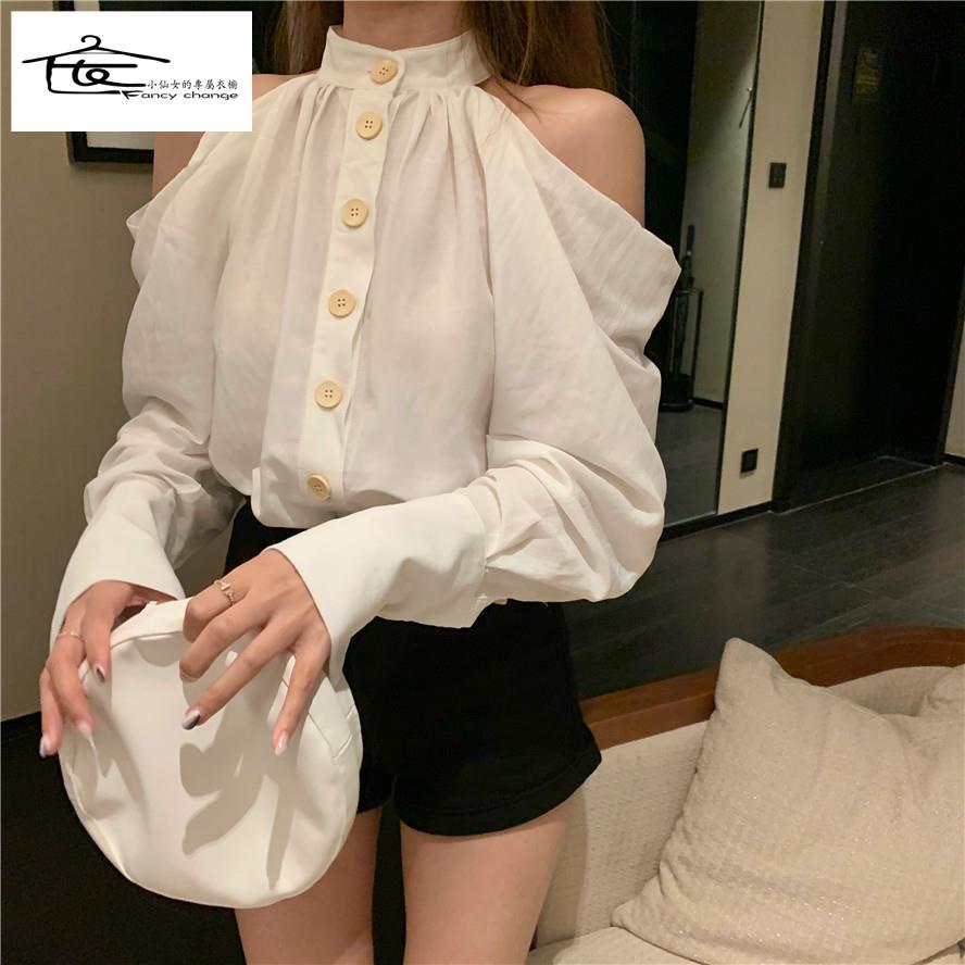 Áo Sơ Mi Trắng Trễ Vai Tay Dài Phong Cách Retro Hong Kong Thời Trang Mùa Hè Cho Nữ