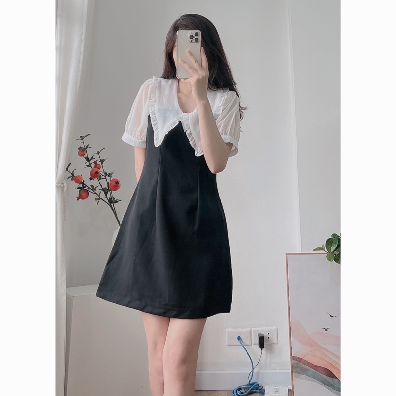 Váy phối tay voan 2 màu cổ bèo