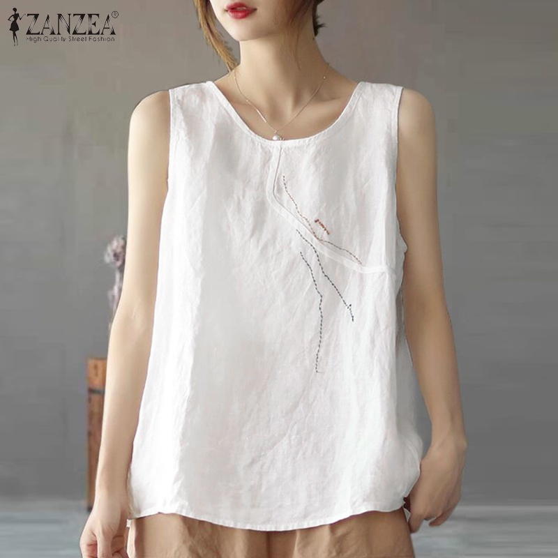 ZANZEA Áo Thun Không Tay Cổ Tròn Họa Tiết Thêu Thời Trang Nữ