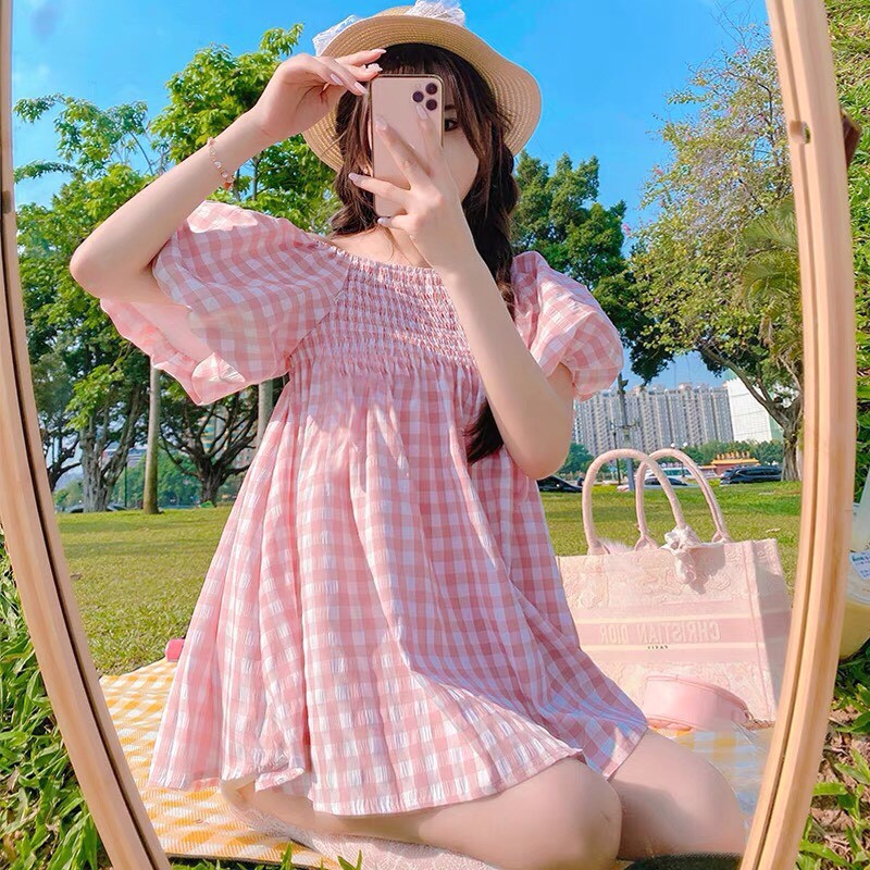 Đầm Trễ Vai Tay Bồng Caro PEONYB Nữ [FREESHIP] 🌸 Váy babydoll hở lưng bánh bèo tiểu thư màu XANH | HỒNG Ulzzang HOT 🌸 | BigBuy360 - bigbuy360.vn