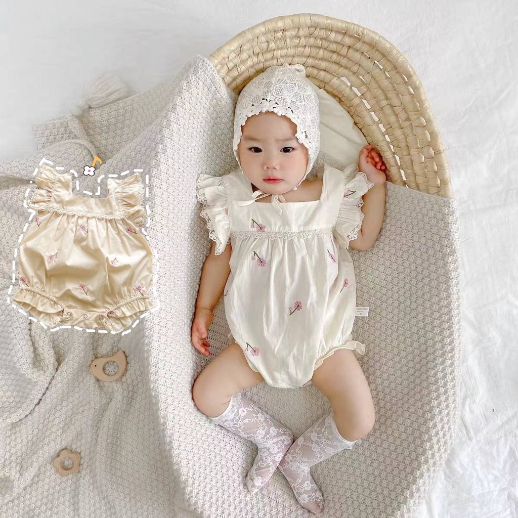 Bộ Áo Liền Quần Tay Ngắn In Hoa Xinh Xắn Cho Bé Gái 0-3 Tuổi