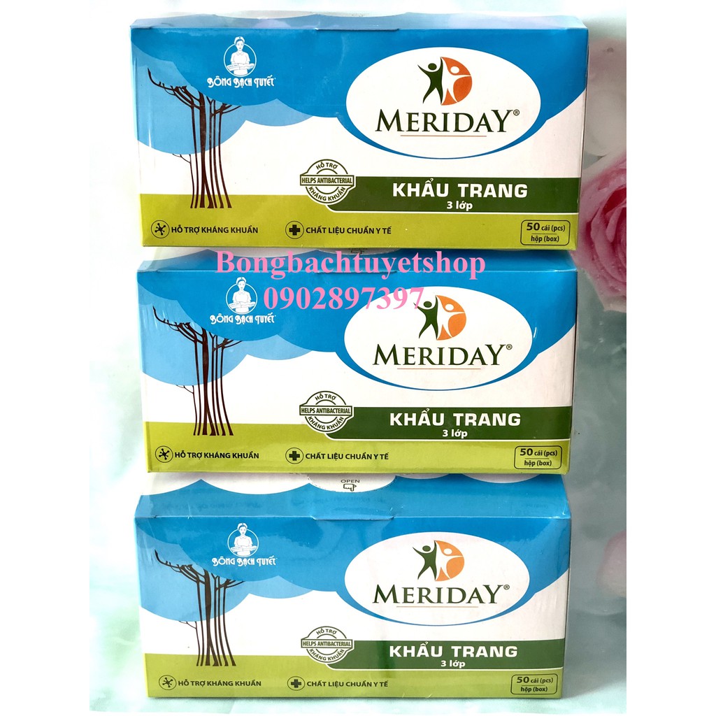 Khẩu trang y tế Meriday Xanh 3 lớp (50 cái/hộp) hỗ trợ kháng khuẩn - Chính hãng Bông Bạch Tuyết