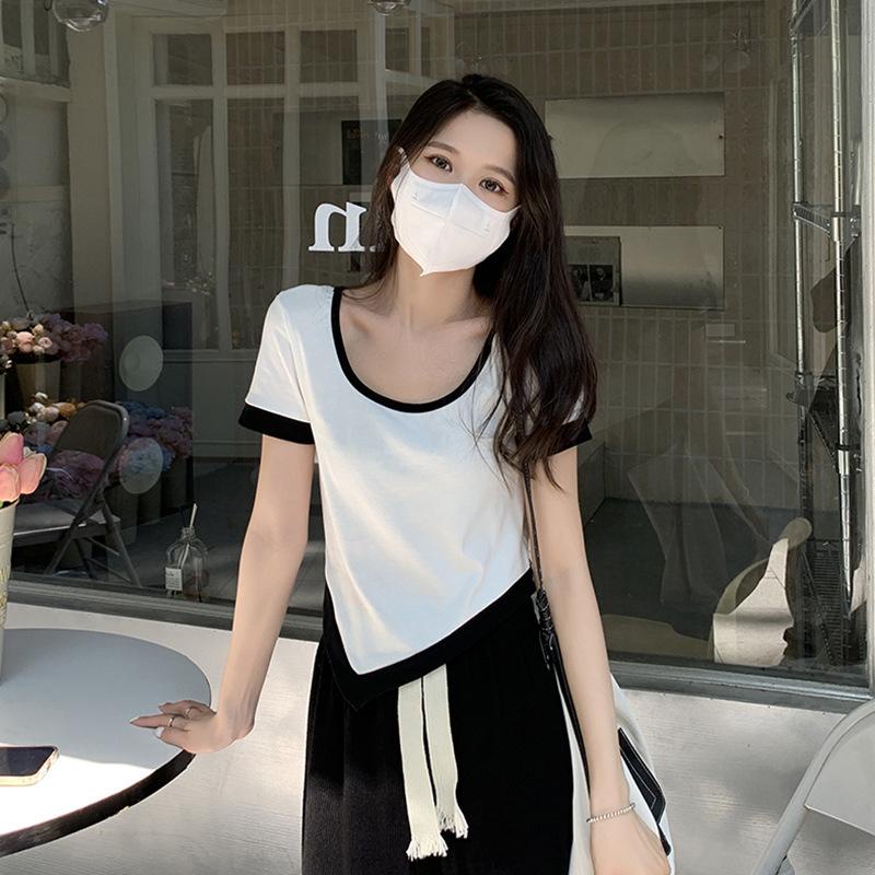 Áo Thun Tay Ngắn Trễ Vai Màu Sắc Tương Phản Thời Trang Mùa Hè Dành Cho Nữ