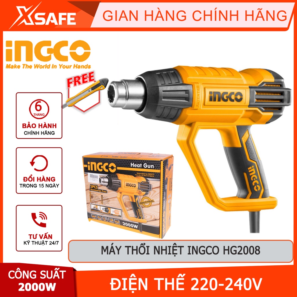 Máy khò nhiệt INGCO HG200028 2000W Máy thổi hơi nóng nhiệt độ 380-570 độ C, kèm 1 cây nạo/cào và 4 miệng vòi - [XSAFE]