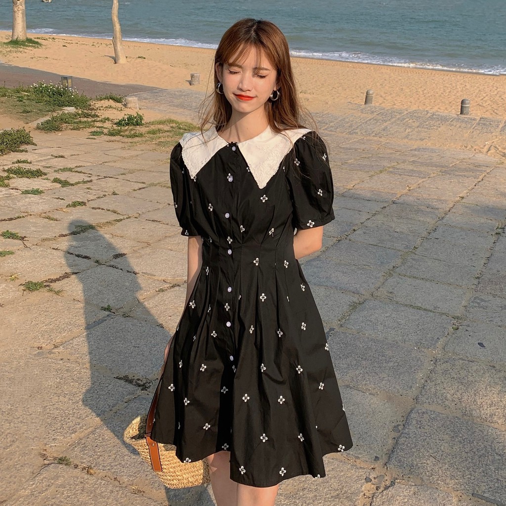 Váy hoa tay phồng chiết eo xếp ly cổ búp bê kiểu dáng Hàn Quốc (Order)