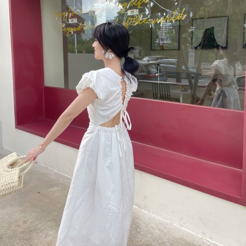 Đầm Váy Maxi Trắng Tay Bồng Hở Lưng Phong Cách Ulzzang Hàn Quốc Mặc Đi Du Lịch