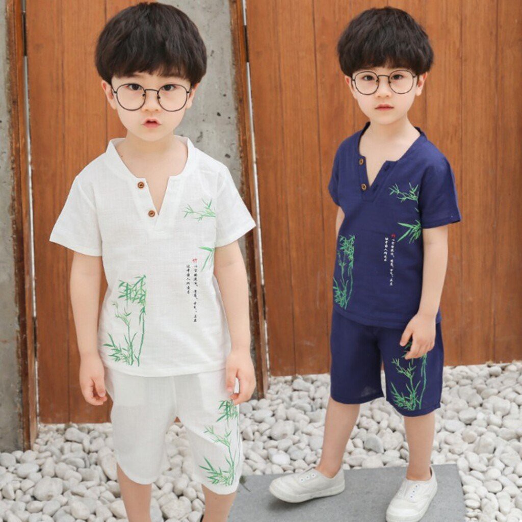 Đồ bộ bé trai Binbon kids, Bộ quần áo cộc tay bé trai chất đũi in hình cây tre cực mát cho bé từ 6-28kg