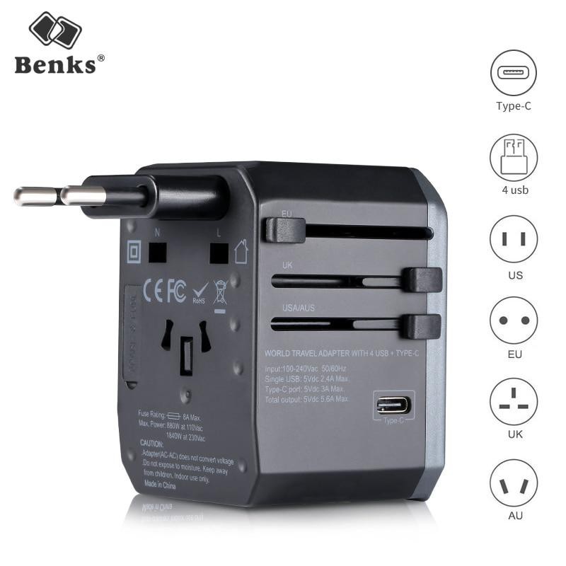 Ổ Điện Đa Năng 4 USB Benks 5.6A Sạc Du Lịch  Quốc Tế AC Sạc Tường UK/EU/ÂU/MỸ Ổ cắm điện Có Cổng TypeC