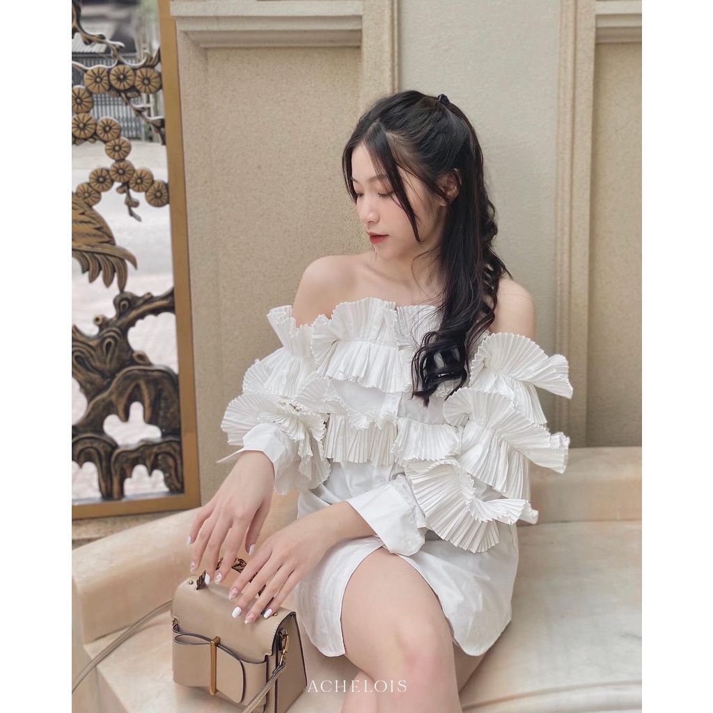 Achelois - Áo trễ vai dập li Devolle Pleated Off-Shoulder Top