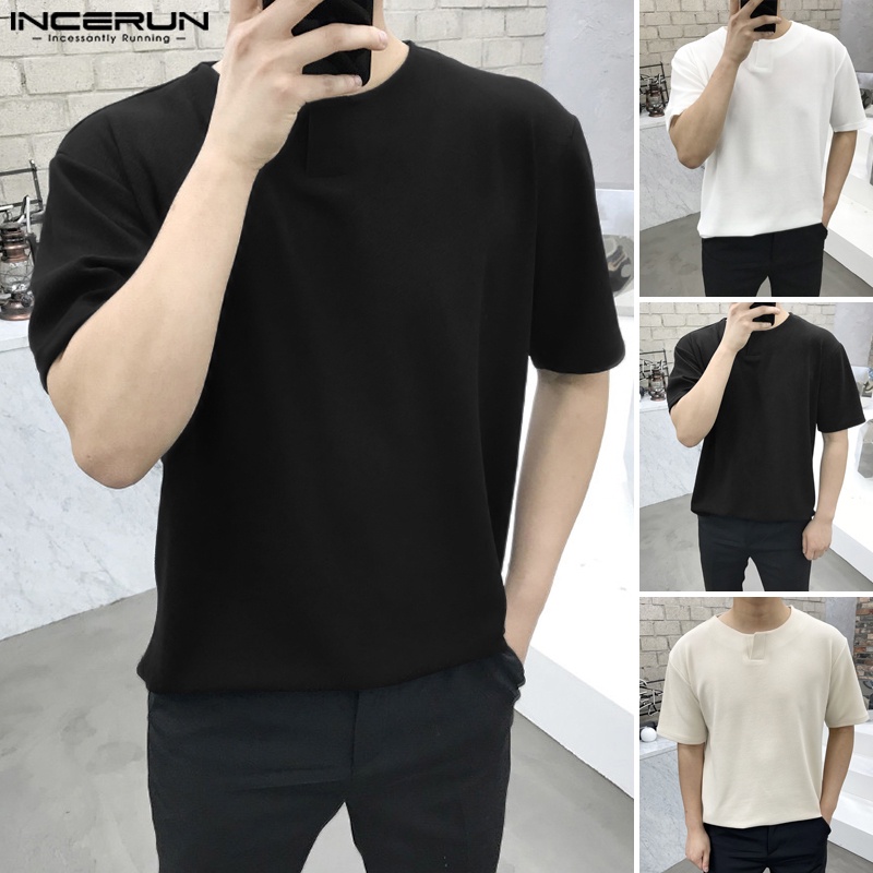 Áo thun INCERUN tay ngắn cổ xẻ chữ V màu sắc đơn giản cho nam