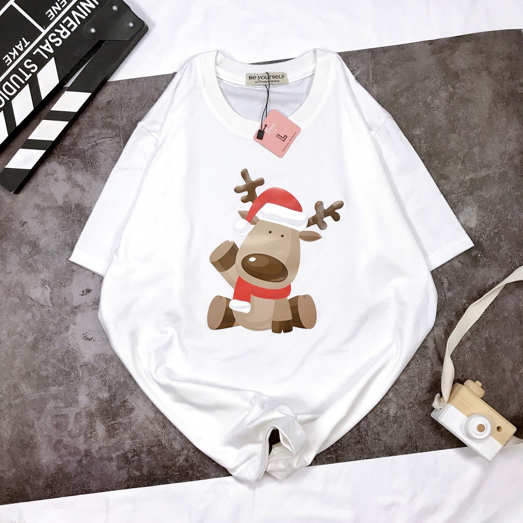 - Áo Thun Tay Ngắn Unisex Đủ Size M- XL Hình Tuần Lộc Đón Giáng Sinh NOEL