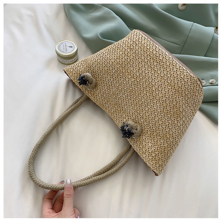 Túi Xách Nữ Túi Cói Đi Đeo Vai Trơn , Viền Hoa Phù Hợp Đi Biển Phong Cách Trẻ Trung