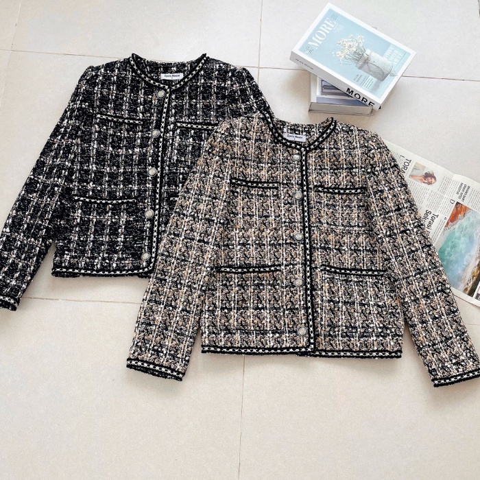 Áo dạ tweed ZYM'S HOUSE dáng ngắn cúc ngọc phối kẻ sọc K460, K461