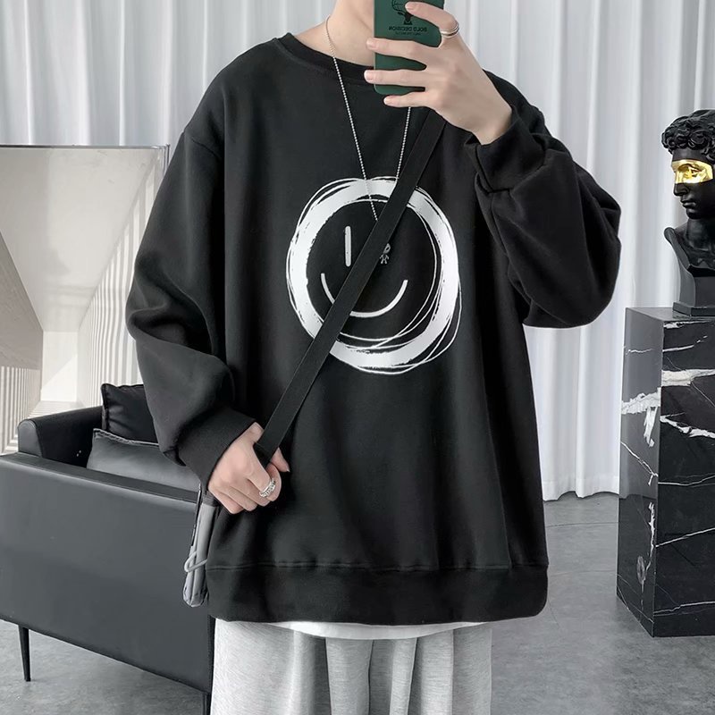 Áo sweater tay dài dáng rộng cổ tròn hình mặt cười thời trang thu đông trẻ trung cho nam