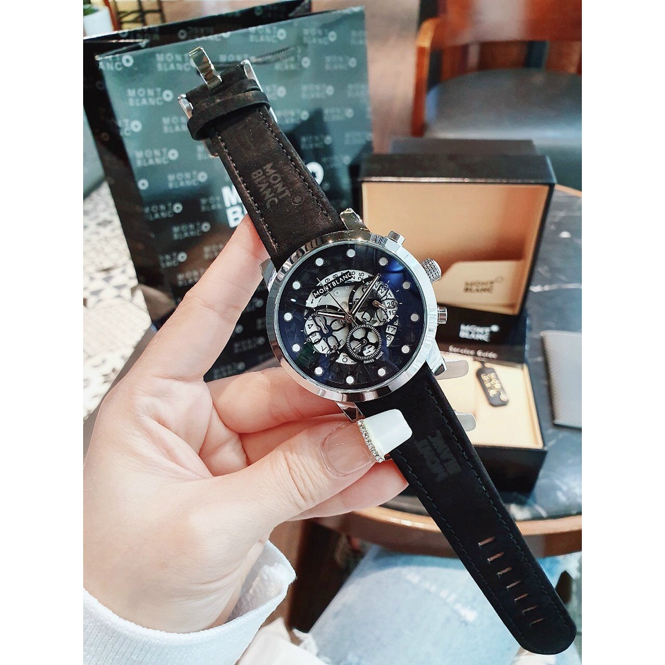 ĐỒNG HỒ NAM MONTBLANC MBB19 CHRONOGRAPH VỎ BẠC , DÂY DA LỘN , SIZE 45MM