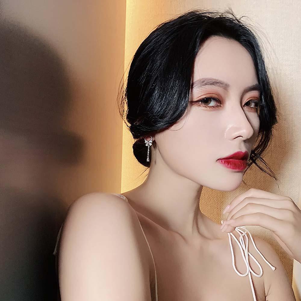 Khuyên Tai Dáng Dài Đính Đá Zircon Hình Giọt Nước Phối Nơ Tua Rua Thời Trang Hàn Quốc Thanh Lịch Cho Nữ