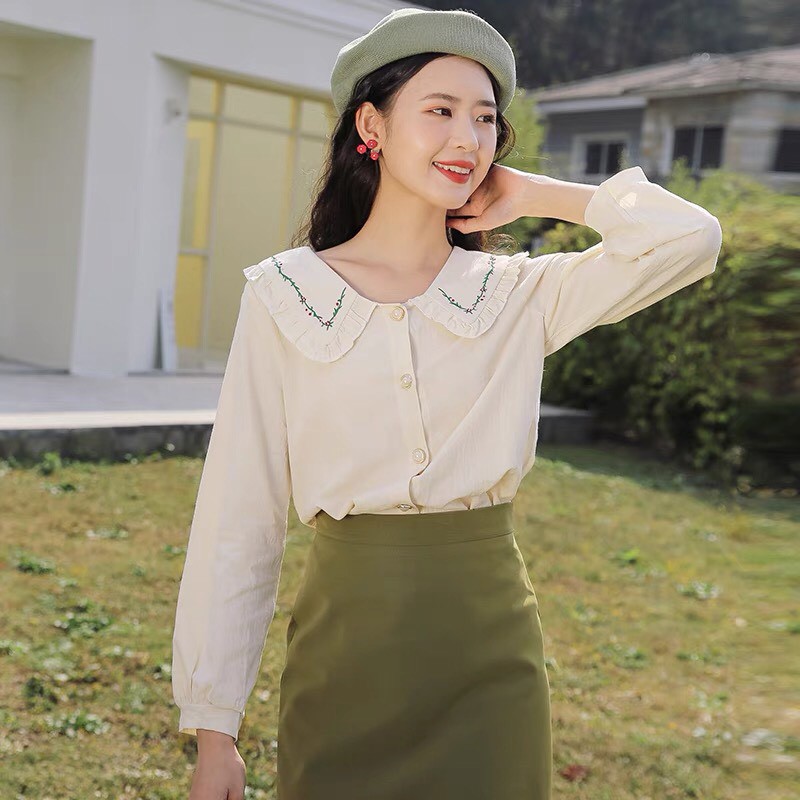Áo sơ mi - Áo sơ mi cổ thêu phong cách vitager | BigBuy360 - bigbuy360.vn