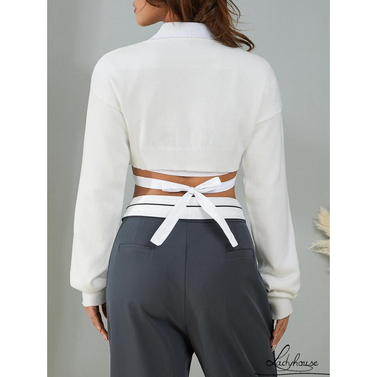 Áo Croptop Dệt Kim Cổ Chữ V Tay Dài Lồng Đèn Màu Sắc Đơn Giản Dành Cho Nữ