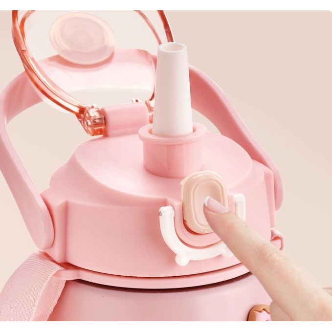 Bình Giữ Nhiệt 850ml, Bình Nước Tặng Sticker Trang Trí Có Ống Hút Và Dây Đeo Inox 304 Giữ Nhiệt Tốt