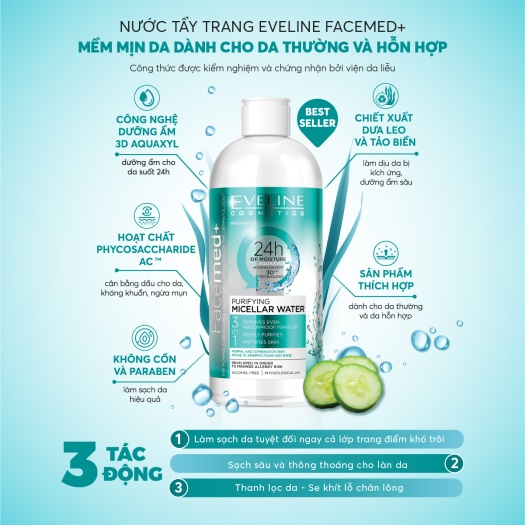 [ Tặng bông tẩy trang 100 miếng] Nước tẩy trang không cồn dành cho da dầu, hỗn hợp EVELINE 400ml