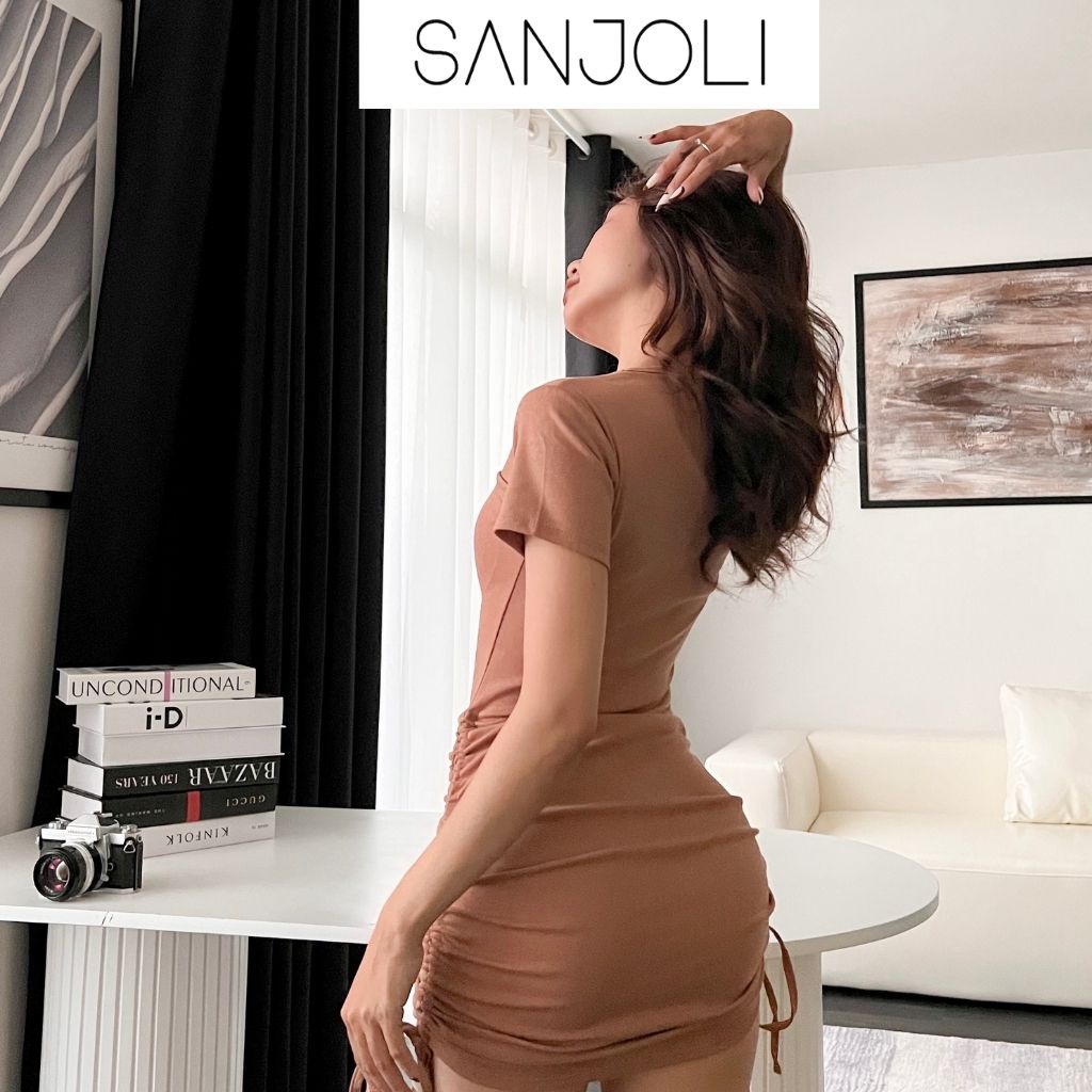 Váy Body Nhún SANJOLI Đầm Ôm Sexy Nữ Cổ Vuông Rút Dây 2 Bên, Dáng Bó Eo Thun Tay Ngắn Thiết Kế Dự Tiệc Trắng Đen VD048