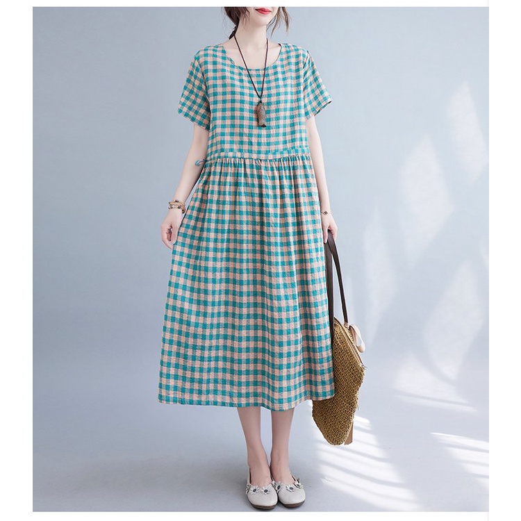 Váy đầm ulzzang suông vintage caro cổ tròn ngắn tay, dây eo tự chỉnh
