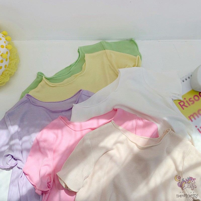 Áo thun tay ngắn màu trơn macaron thời trang Hàn Quốc dành cho bé gái