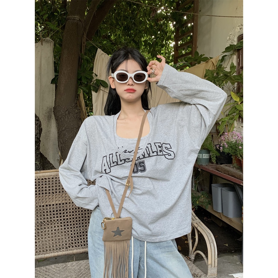 Set Áo Thun Dài Tay In Chữ Và Áo Hai Dây Phong Cách Cổ Điển Dành Cho Nữ