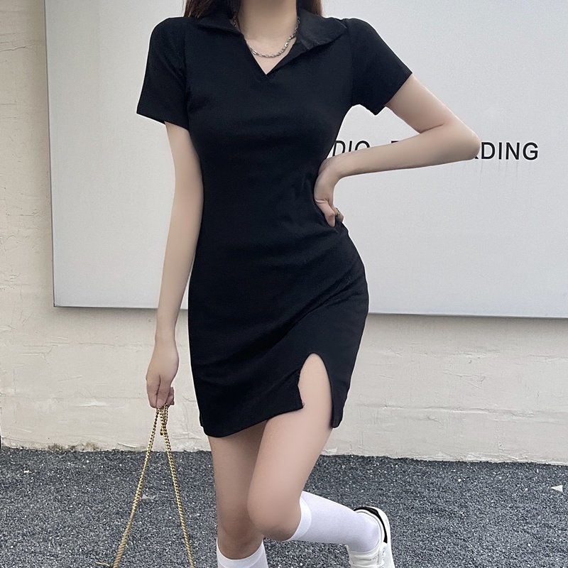 Đầm mini SUXI cổ chữ V màu đen trơn quyến rũ hợp thời trang hè