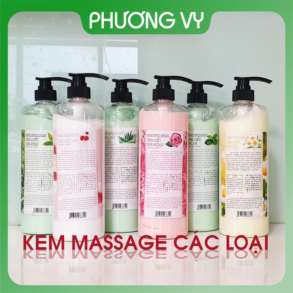 1000ml KEM MASSAGE CÁC LOẠI HOA HỒNG, HOA CÚC, SỮA, TRÀ XANH, LÔ HỘI, BẠC HÀ.