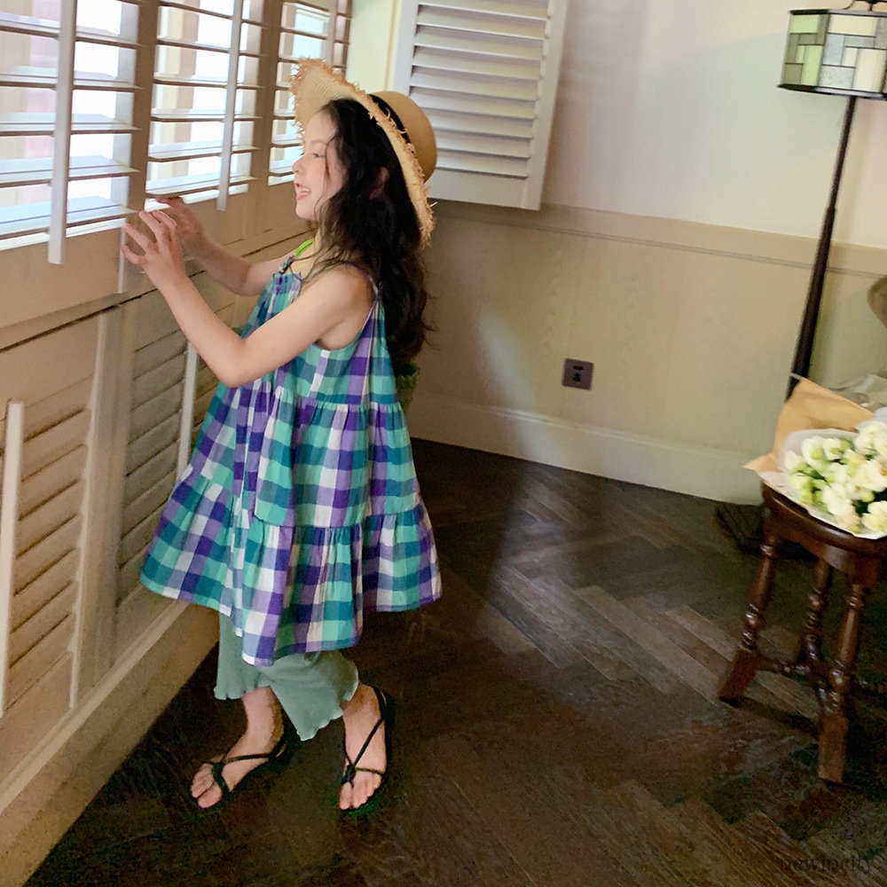 Đầm Sát Nách Đi Biển Mùa Hè In Họa Tiết Kẻ Sọc Phong Cách Hàn Quốc Cho Bé Gái