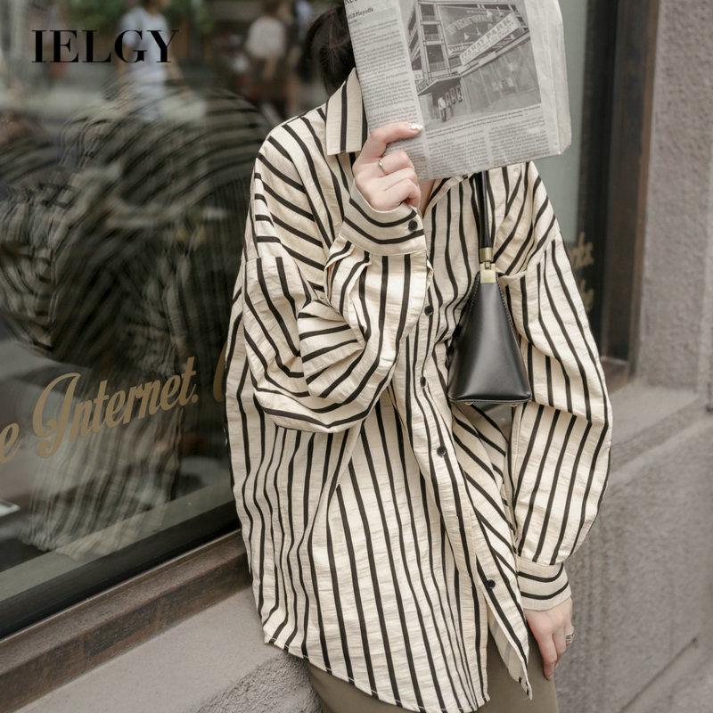 Áo sơ mi dài tay dáng rộng họa tiết kẻ sọc thời trang retro Hong Kong dành cho nữ