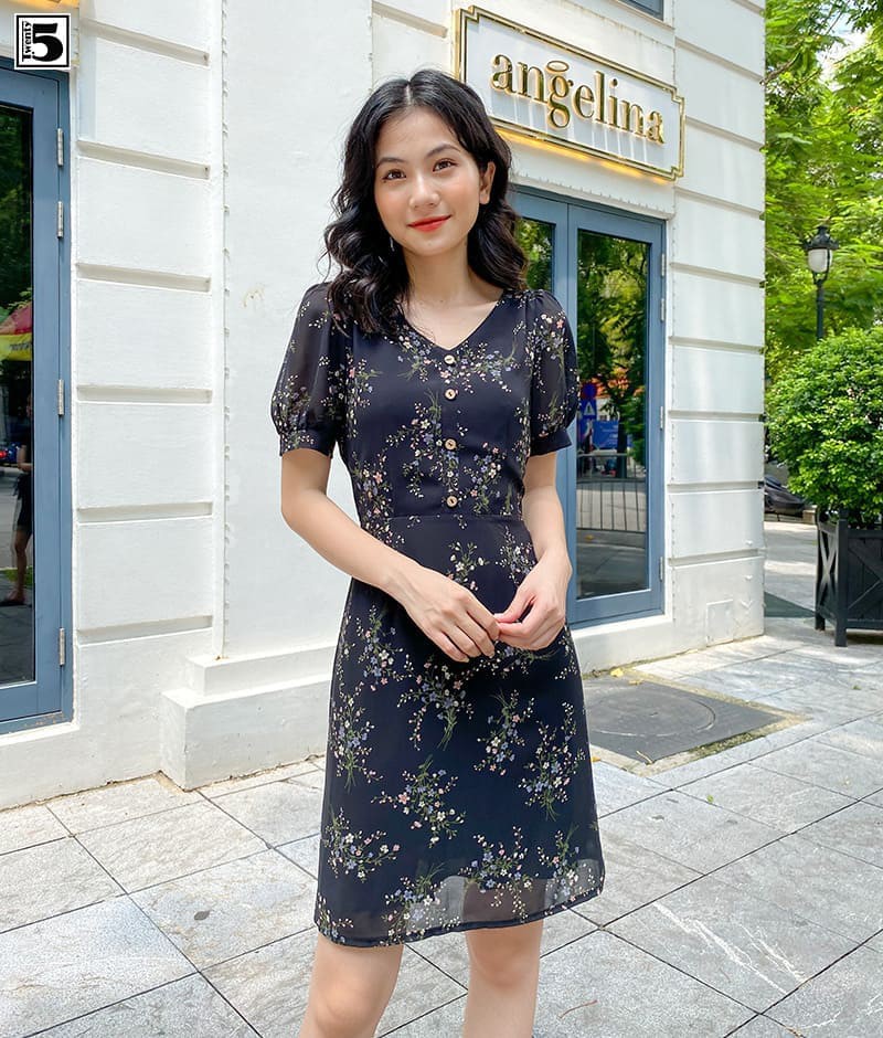 Đầm cổ v nẹp sơ mi giả tay bồng bo tay khóa lưng 2 lớp Twentyfive N265