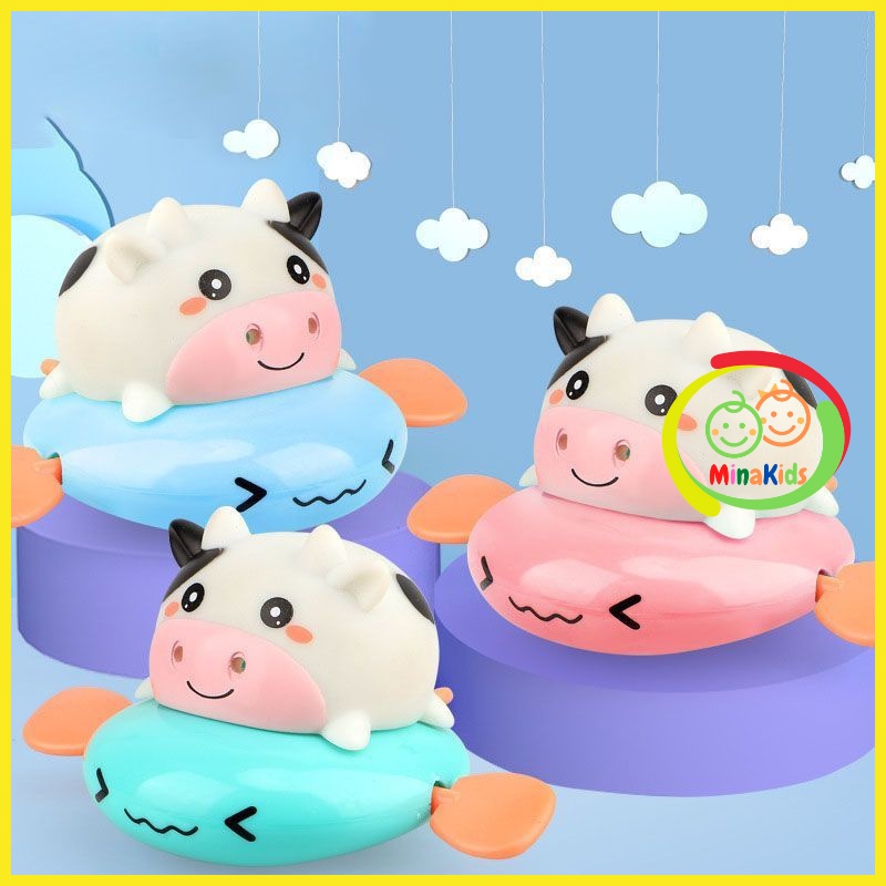 Đồ Chơi Thả Bồn Tắm Bò Sữa Chèo Thuyền Phun Nước Vặn Cót Bơi Lội Cho Bé Thích Thú Vận Động Khỏe Mạnh