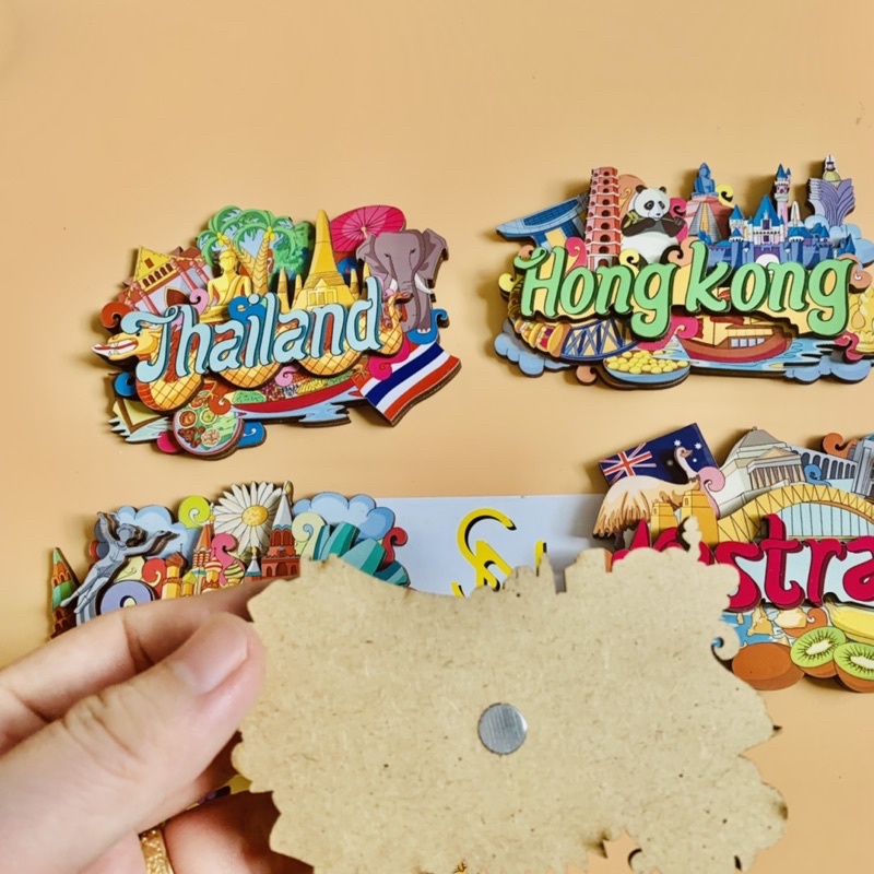 Nam châm tủ lạnh hình ảnh lưu niệm các quốc gia chất liệu bằng gỗ