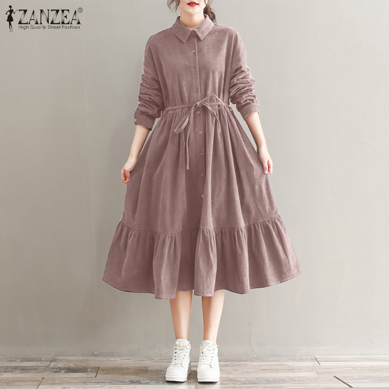 Đầm ZANZEA Tay Dài Cổ Bẻ Thiết Kế Xếp Ly Phong Cách Hàn Quốc Thời Trang Dành Cho Nữ