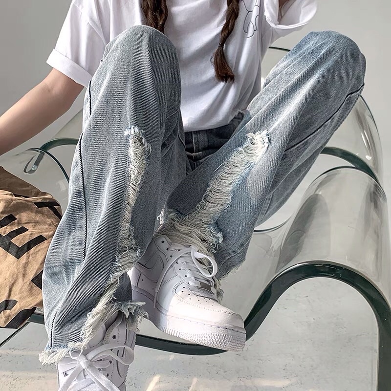 Quần bò jeans ống rộng rách tua rua eo cao Ulzzang siêu chất ❤️