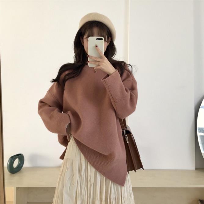 Áo len nữ form rộng cổ tròn xẻ tà, Màu Trắng, Nâu, Freesize