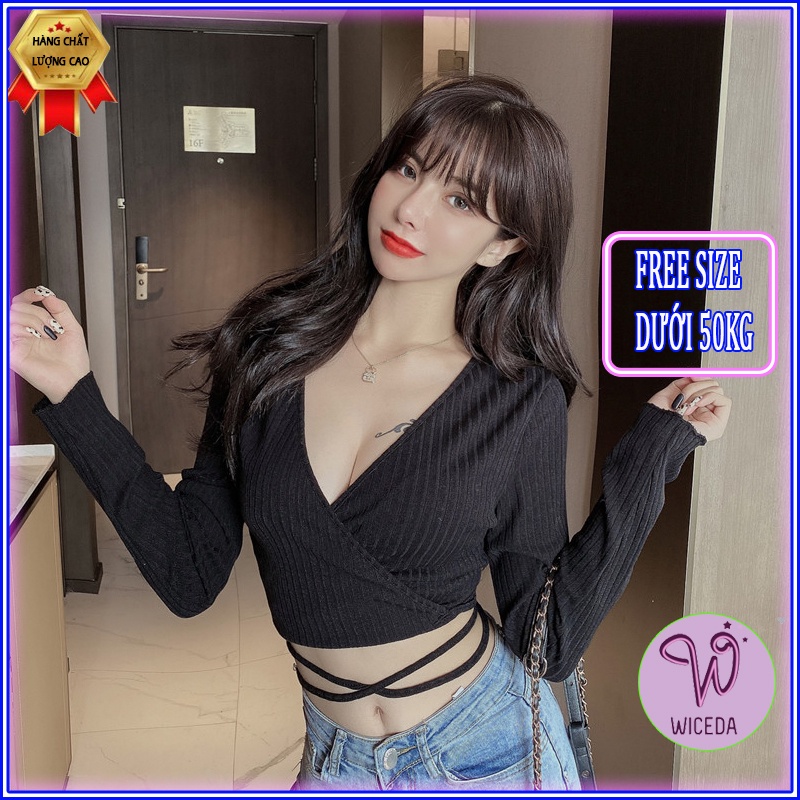 Áo croptop dài tay ôm body dây quấn eo xinh , áo kiểu crt chất len cotton 2 màu đen trắng Wiceda AD366