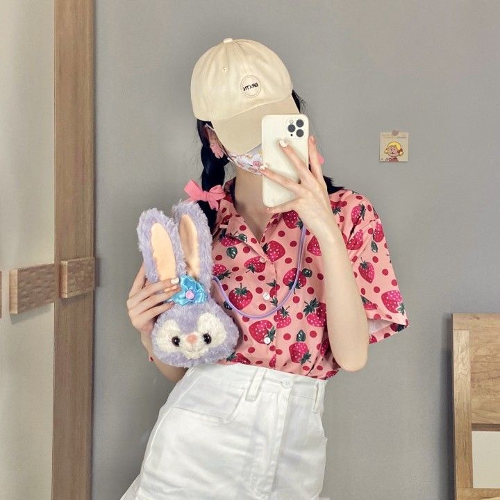 Áo sơ mi nữ tay ngắn họa tiết ngọt ngào dễ phối đồ phong cách Nhật Bản